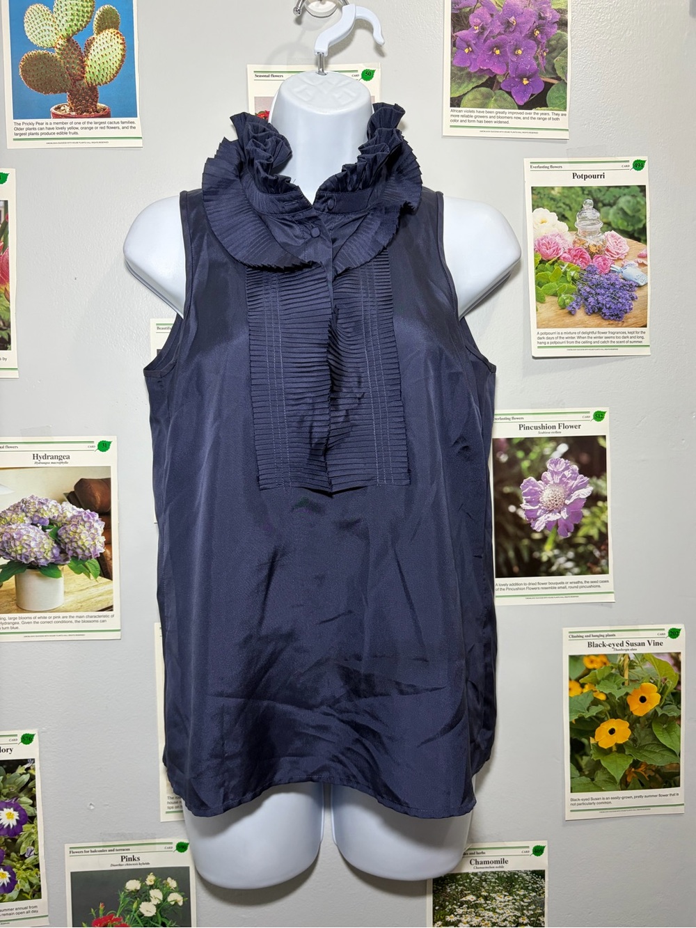 J. Crew Navy Ruffled Sleeveless Pleated Front Blouse